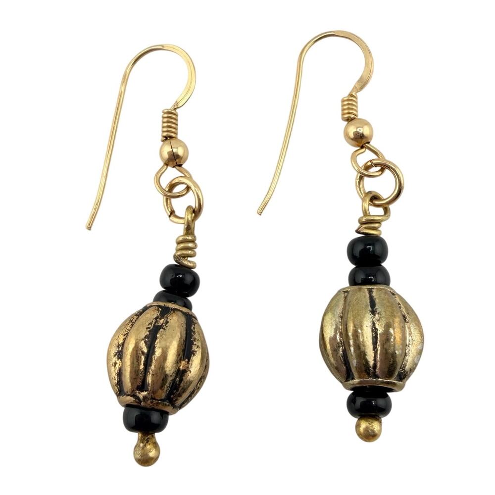 Handmade Vintage Style Elegant Black Gold Tone Beads Dangle Drop 1.75" Earrings
